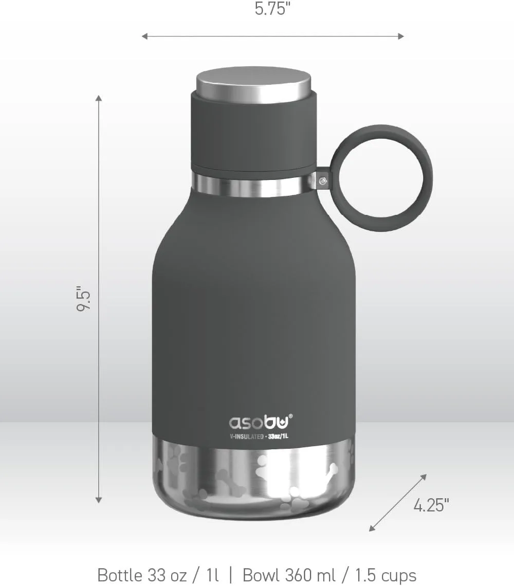 Asobu Dog Bowl Attached to Stainless Steel Insulated Travel Bottle for Human 37oz/1.1 Liter with Detachable Dog Bowl (Smoke)