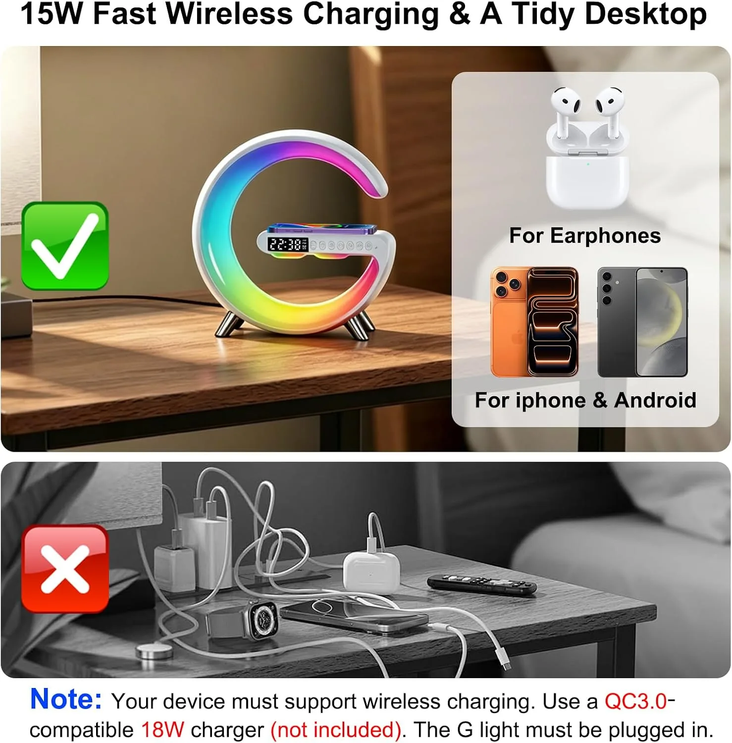 Smart LED Table Lamp, 4 in 1 RGB Night Light, Alarm Clock, Wireless Charger, Bluetooth Speaker with App Control, G-Shape Bedside Atmosphere Lamp for Bedroom Office Home Decor, Teen Girls Boys Gifts