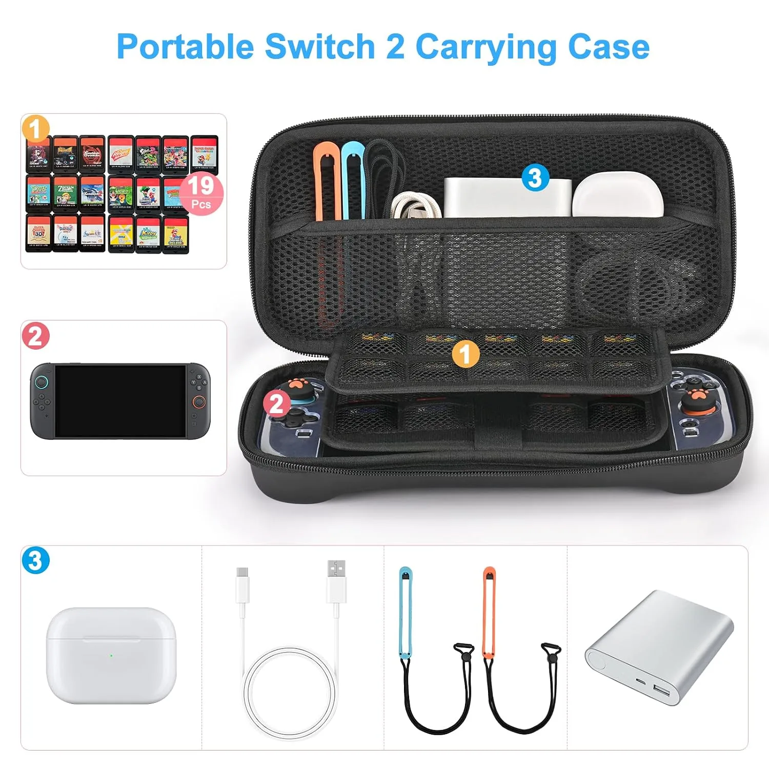 Younik Switch 2 Accessories Bundle, 15 in 1 Black Switch 2 Accessories Kit for Girls Include Switch 2 Carrying Case, Shoulder Strap, Wrist Strap & Stickers, Protective Case for Switch Console & J-Con