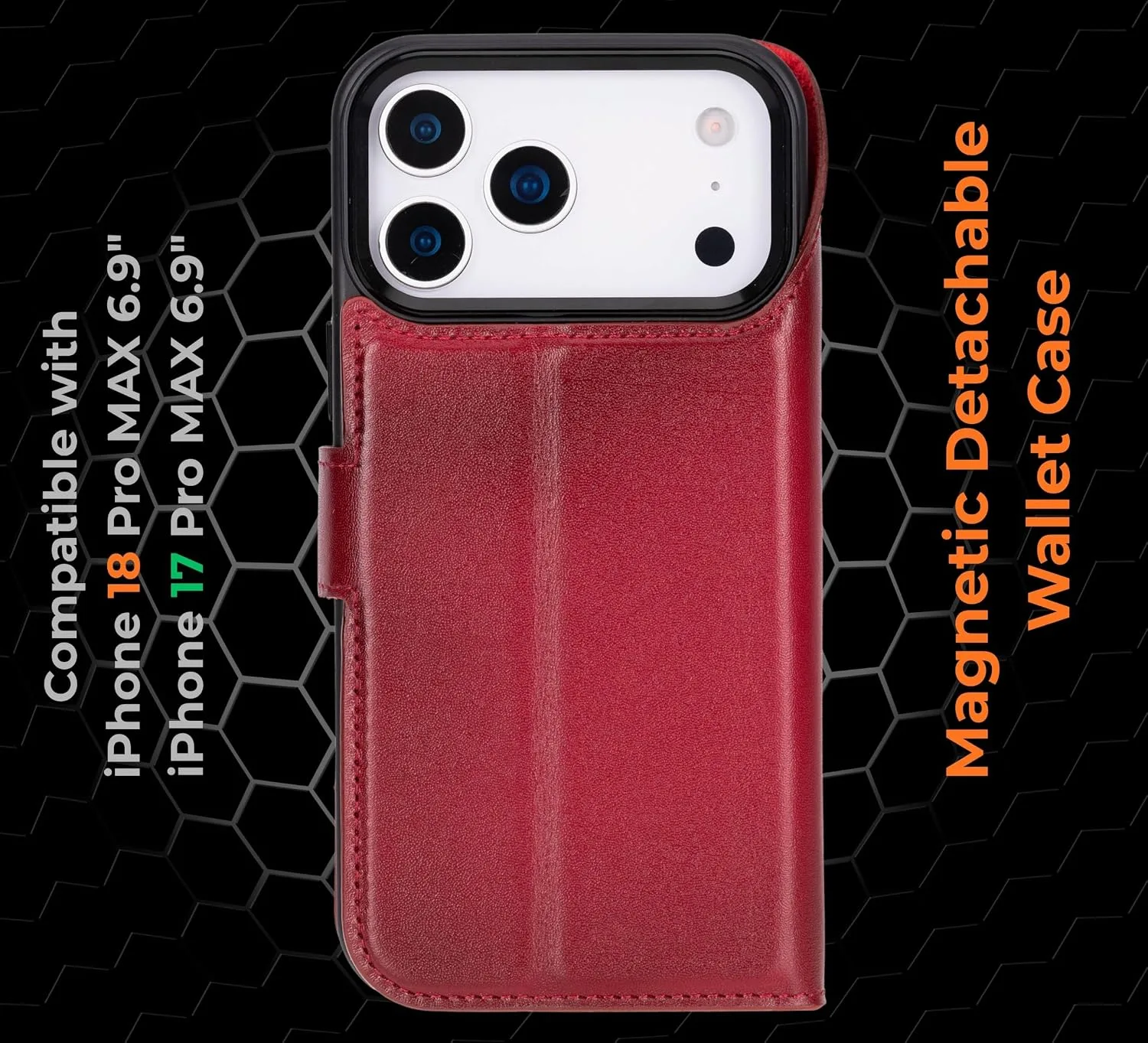 VENOULT Wallet Case for iPhone, Full Grain Genuine Turkish Leather, Magnetic Detachable, RFID 4 Card Slots, Business Style, Compatible with MagSafe (Cranberry, iPhone 17 Pro MAX)