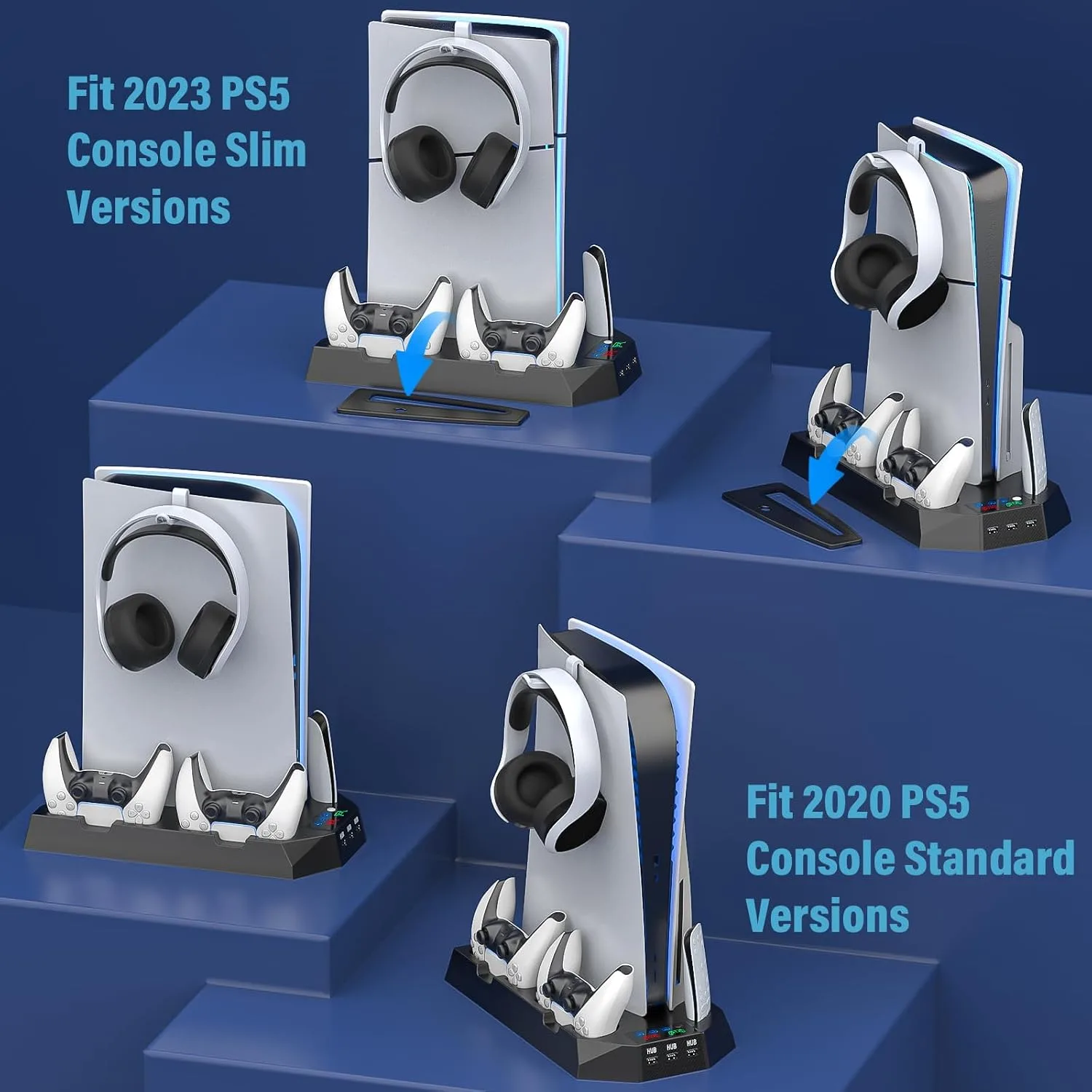 PS5 Slim Stand and Cooling Station with Controller Charging Station for Playsation 5 Slim&Standard Disc/Digital Console, PS5 Accessories Incl. Charger/Turbo Fan/3 USB Hub/Headset Holder - Black