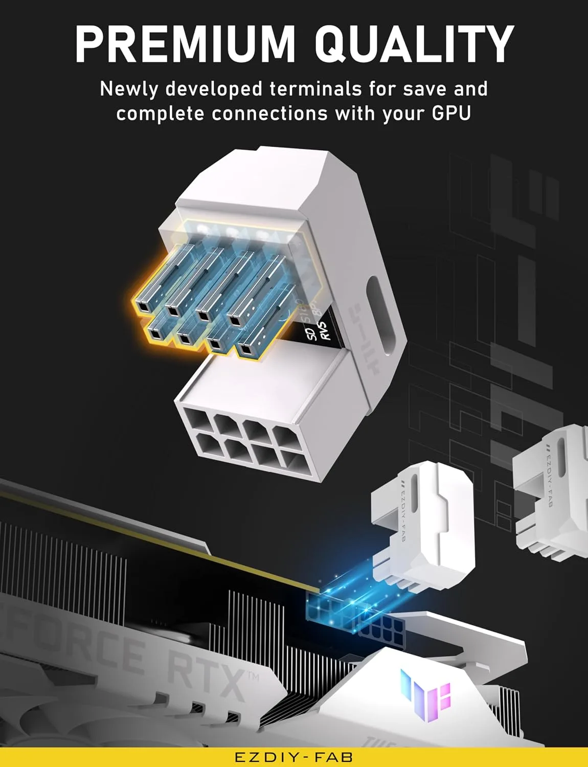 EZDIY-FAB Shield PCIe 8-Pin GPU Adapter, 180° U-Turn, RVS, White, 2 Pack