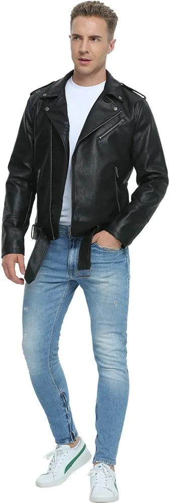 Fahsyee Leather Jackets for Men, Faux Bomber Jacket Mens Motorcycle Lapel Asymmetric Zip-Up Belt Slim Fit Biker Coat