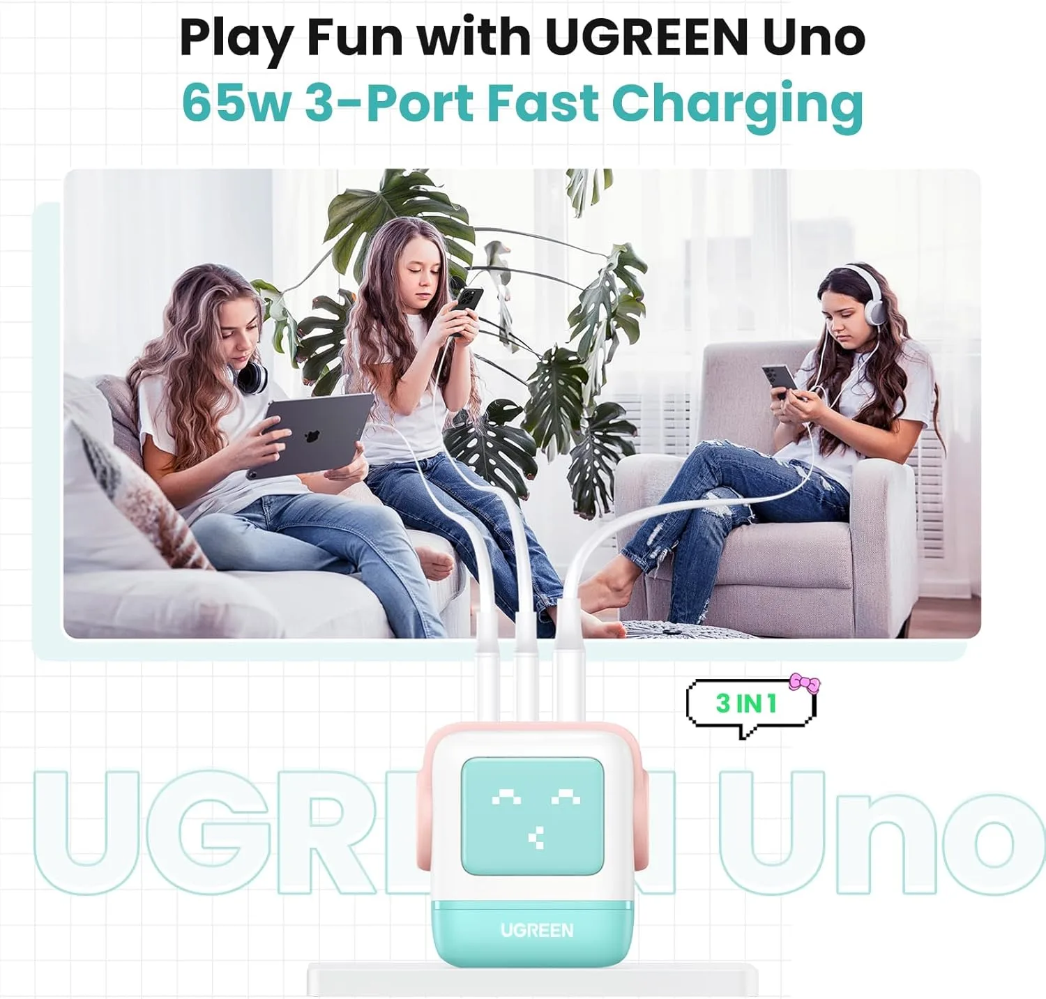 UGREEN Uno 65W 3-Port USB C Charger Adapter, GaN Fast Charging Block, Green