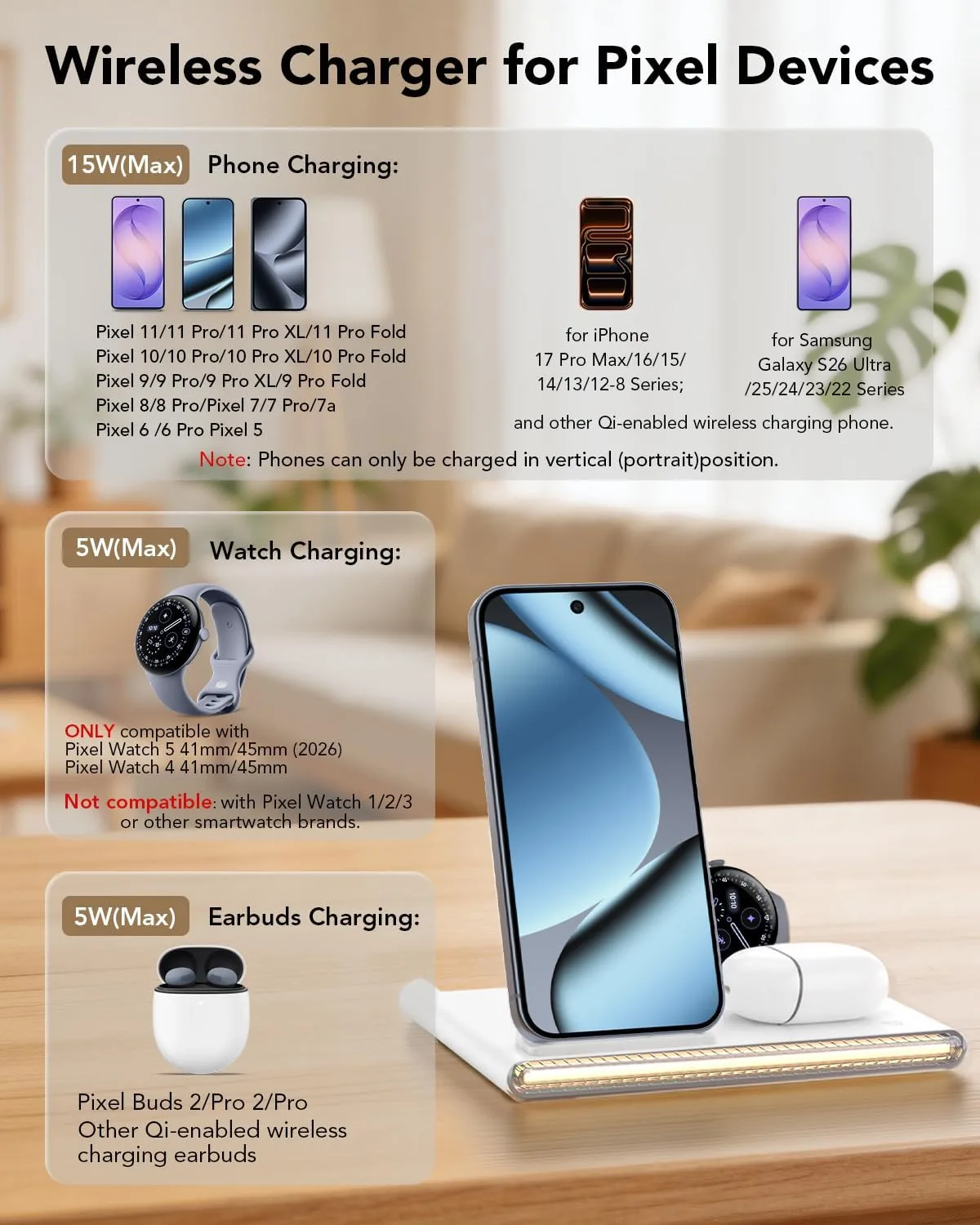 3 in 1 Foldable Wireless Fast Charging Station for Google Pixel Watch 5/4