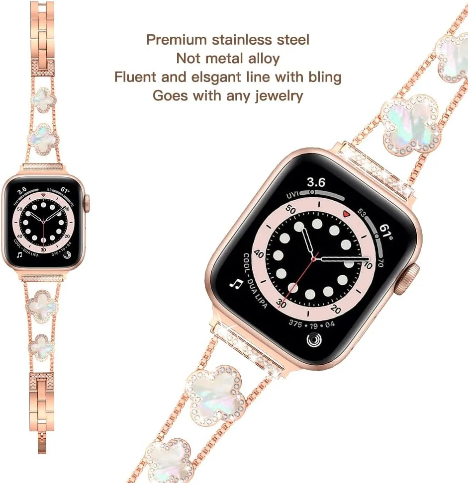 Musk-MSKR Diamond Metal Bands Add Sparkle to Your Watch For Apple Watch Series 12/11/10/9/8/7/6/5/4/3/2/SE/Ultra Clover Simple and Stylish Compatible with 38mm40mm41mm42mm44mm45mm 46mm49mm Women's Wear