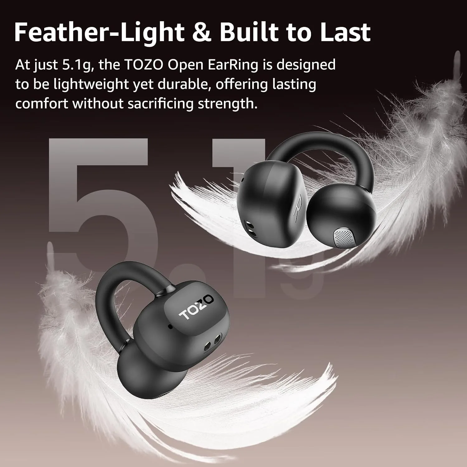 TOZO OpenEarRing Open Ear Earbuds 40H Bluetooth 5.4 Lightweight Comfort