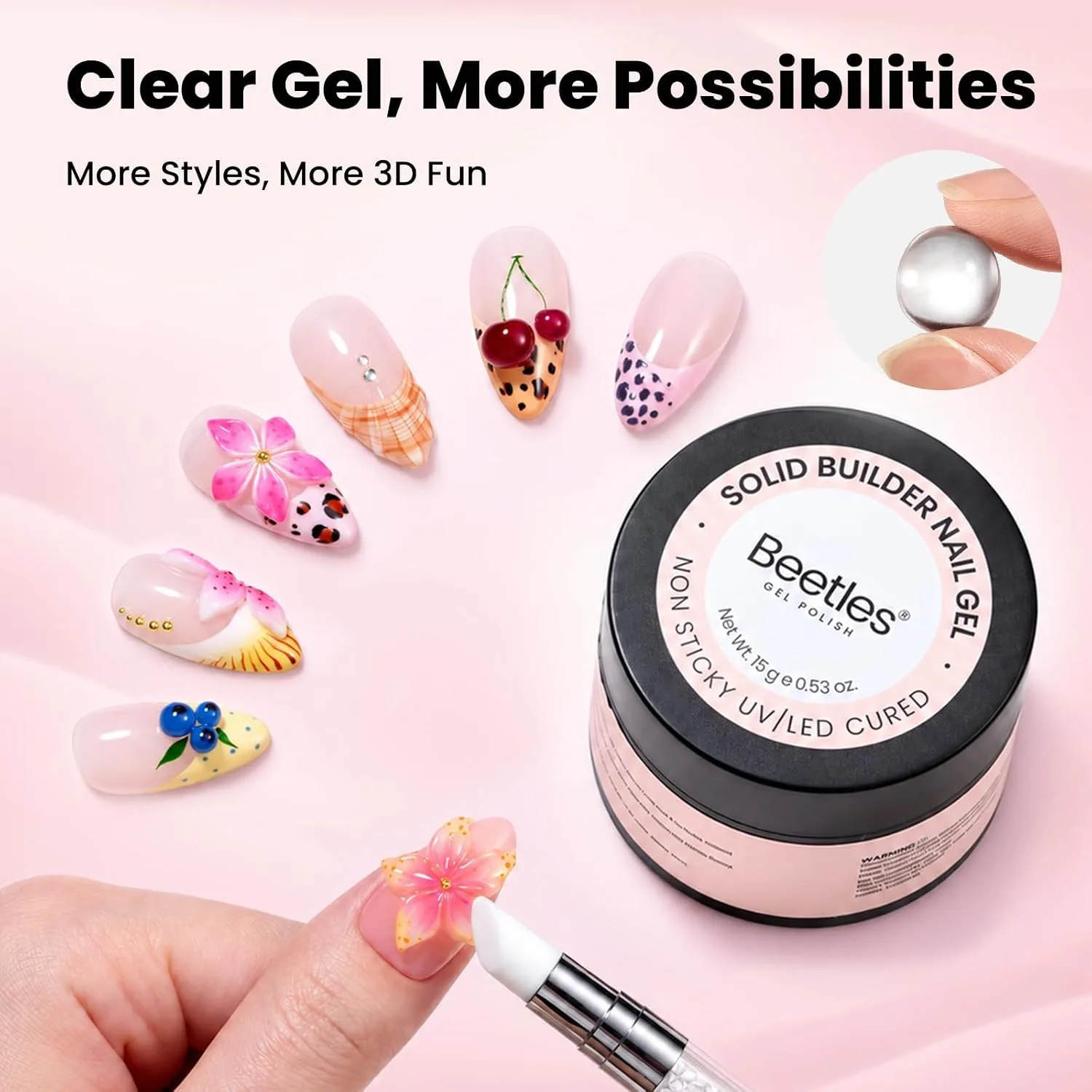 Beetles Clear 3D Gel Nail Art, 15g Non-Sticky 3D Nail Gel TPO & HEMA-Free