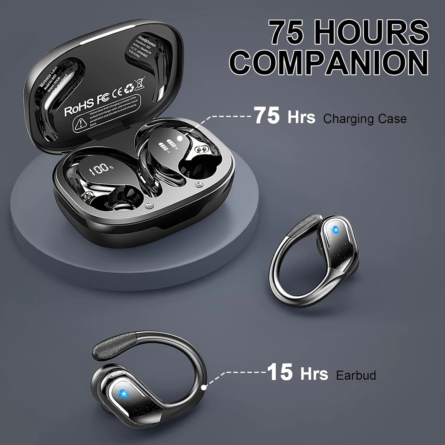 Wireless Earbuds, Sport Bluetooth 5.4 Headphones 2026 New Bluetooth Earbuds with 75Hrs Stereo, 4 ENC Mic, Noise Canceling Over-Ear Buds with Earhooks, IP7 Waterproof Earphones for Workout/Running/Gym