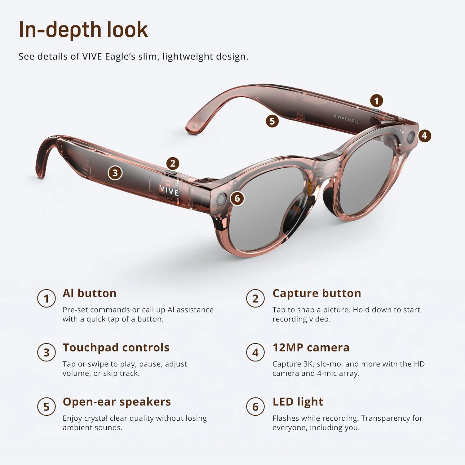 HTC Vive Eagle AI Glasses – Pantos Sunglasses, Clear Brown