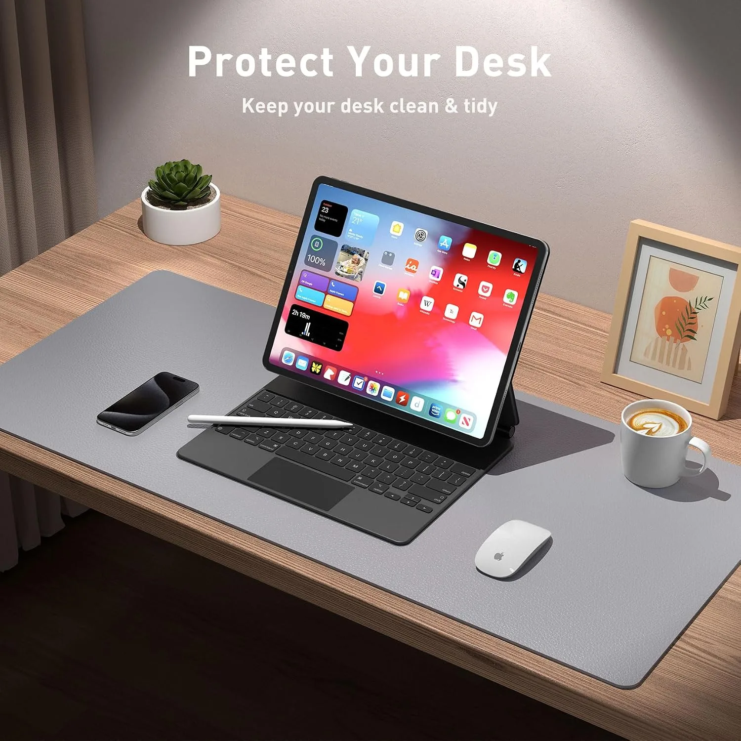 Aothia Leather Desk Pad Protector, Mouse Pad, Office Desk Mat, Non-Slip PU Leather Desk Blotter, Laptop Desk Pad, Waterproof Desk Writing Pad for Office and Home (23.6" x 13.7", Light Grey)
