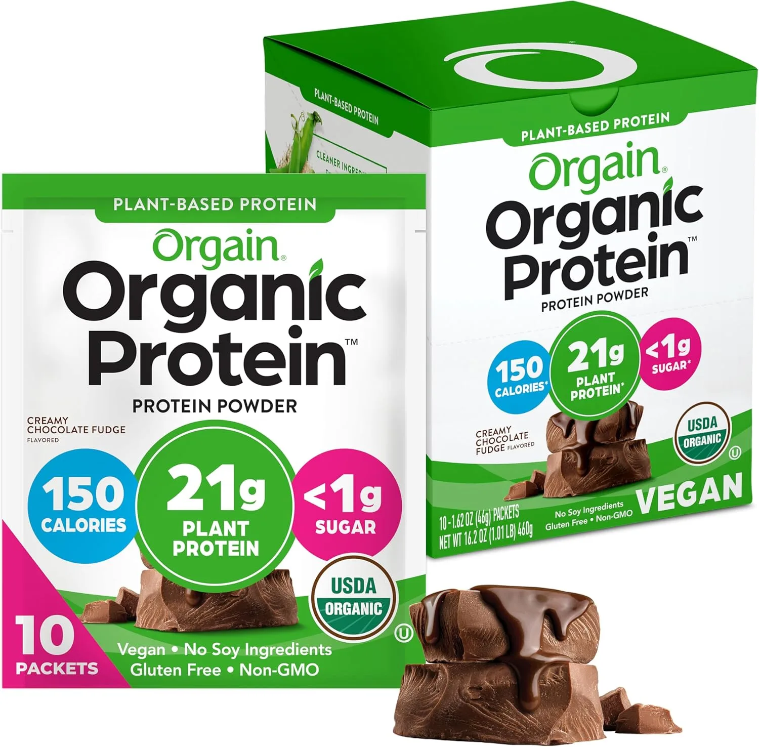 Orgain Organic Vegan 21g Protein Powder, Chocolate Fudge, 10 Travel Packs