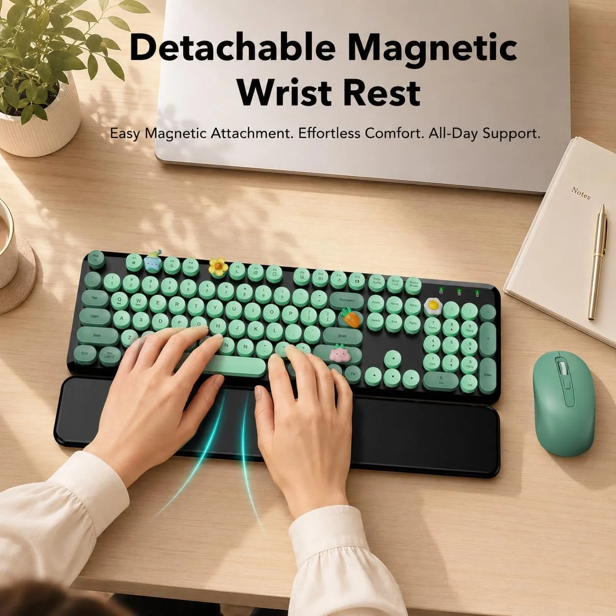 Wireless Keyboard and Mouse, Round Keycap, Magnetic Wrist Rest, Green Black