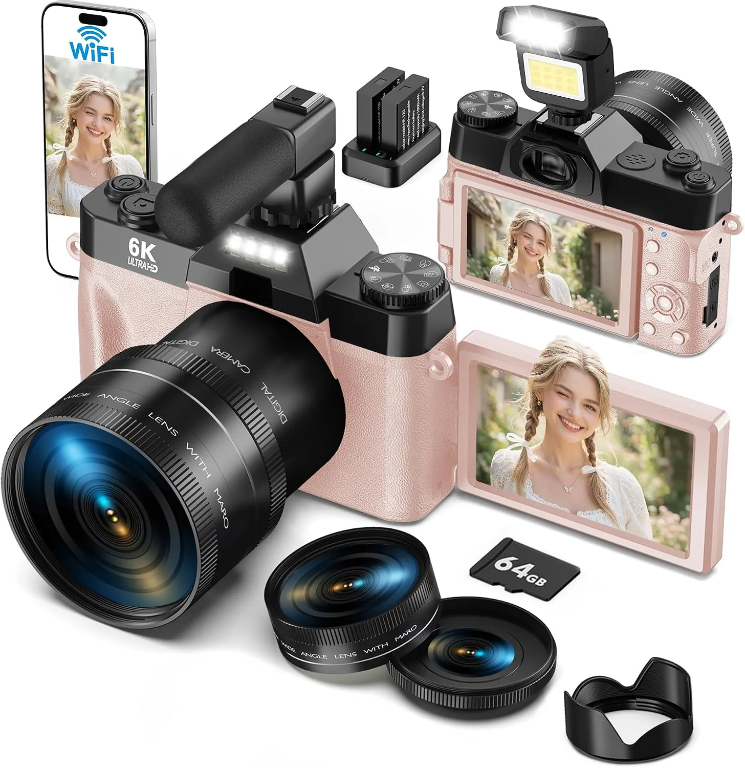Yatao 6K WiFi Flip Screen Digital Camera, Mic & Fill Light for Photography