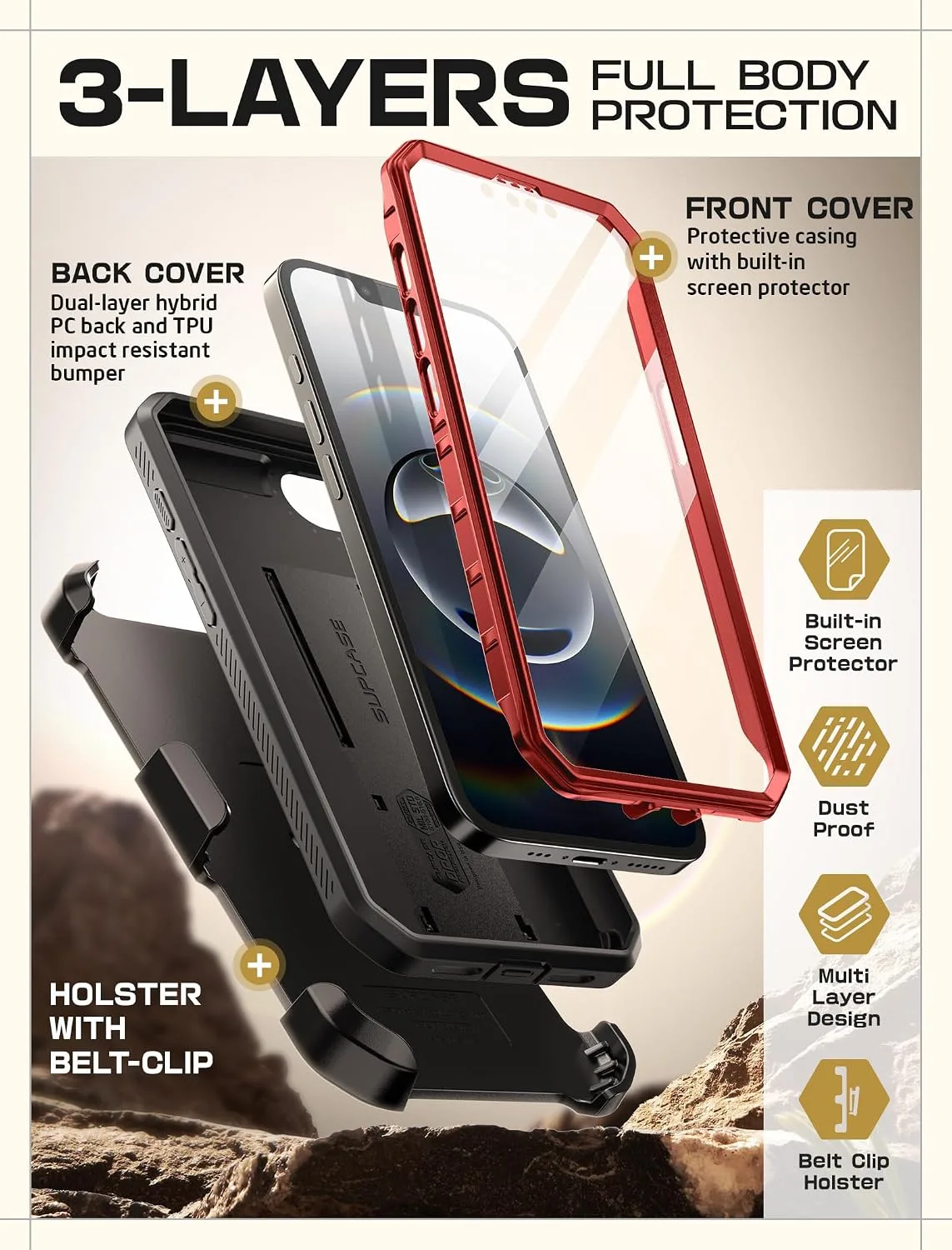 SUPCASE for iPhone 17e/16e Case with Stand & Screen Protector, Red