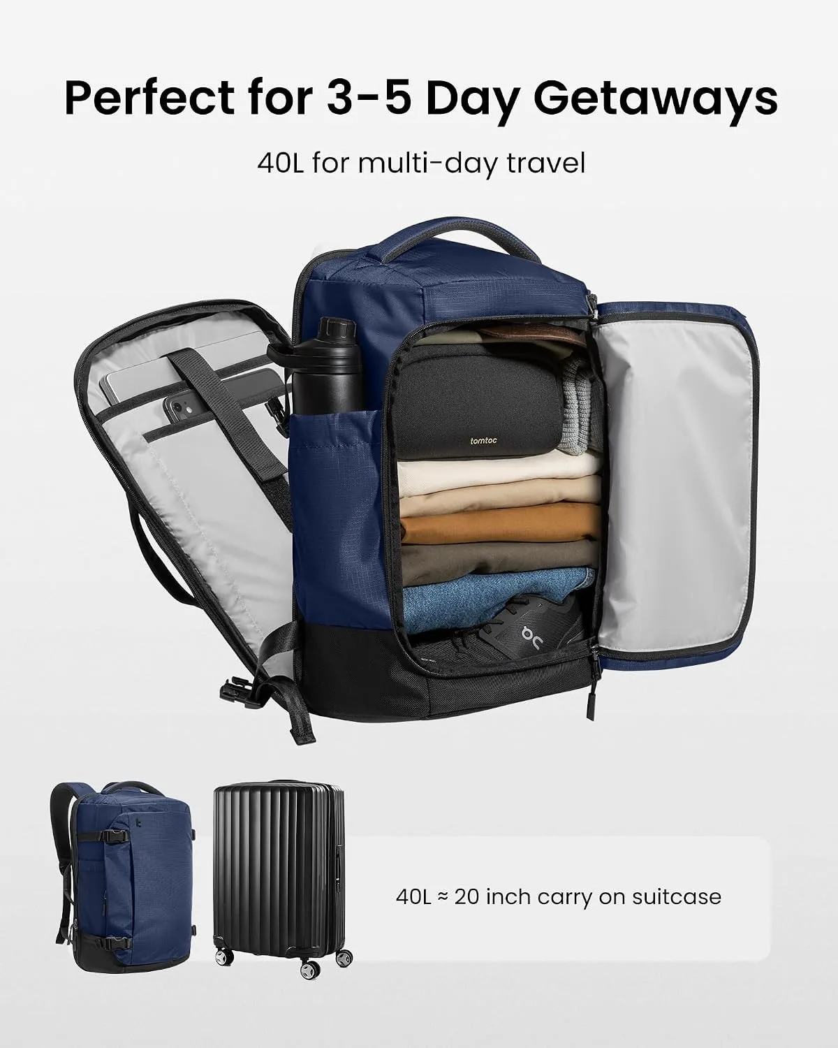 tomtoc Travel Backpack 40L, TSA Carry On Bag Flight Approved, PFAS Free