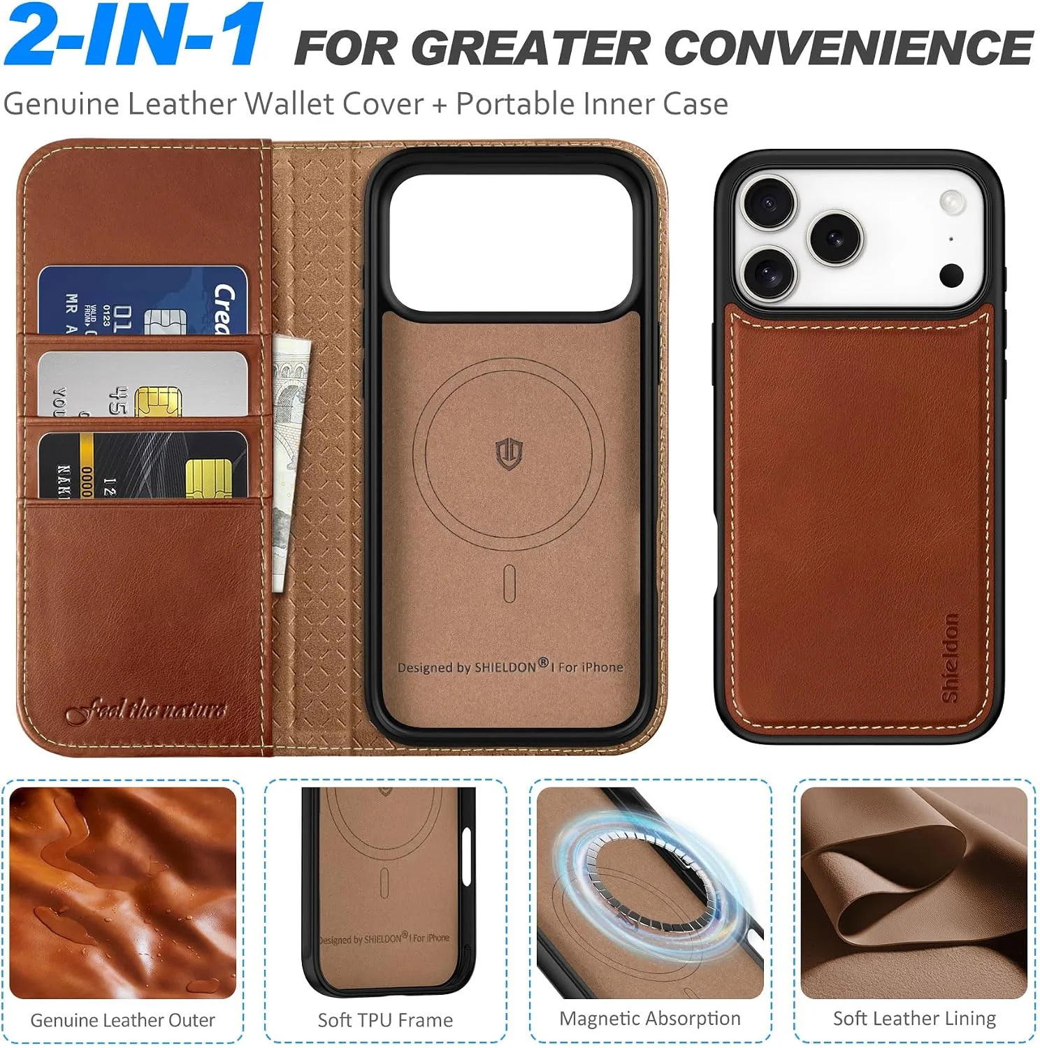SHIELDON 2 in 1 Case Wallet for iPhone 18 Pro Max/17 Pro Max, Retro Brown