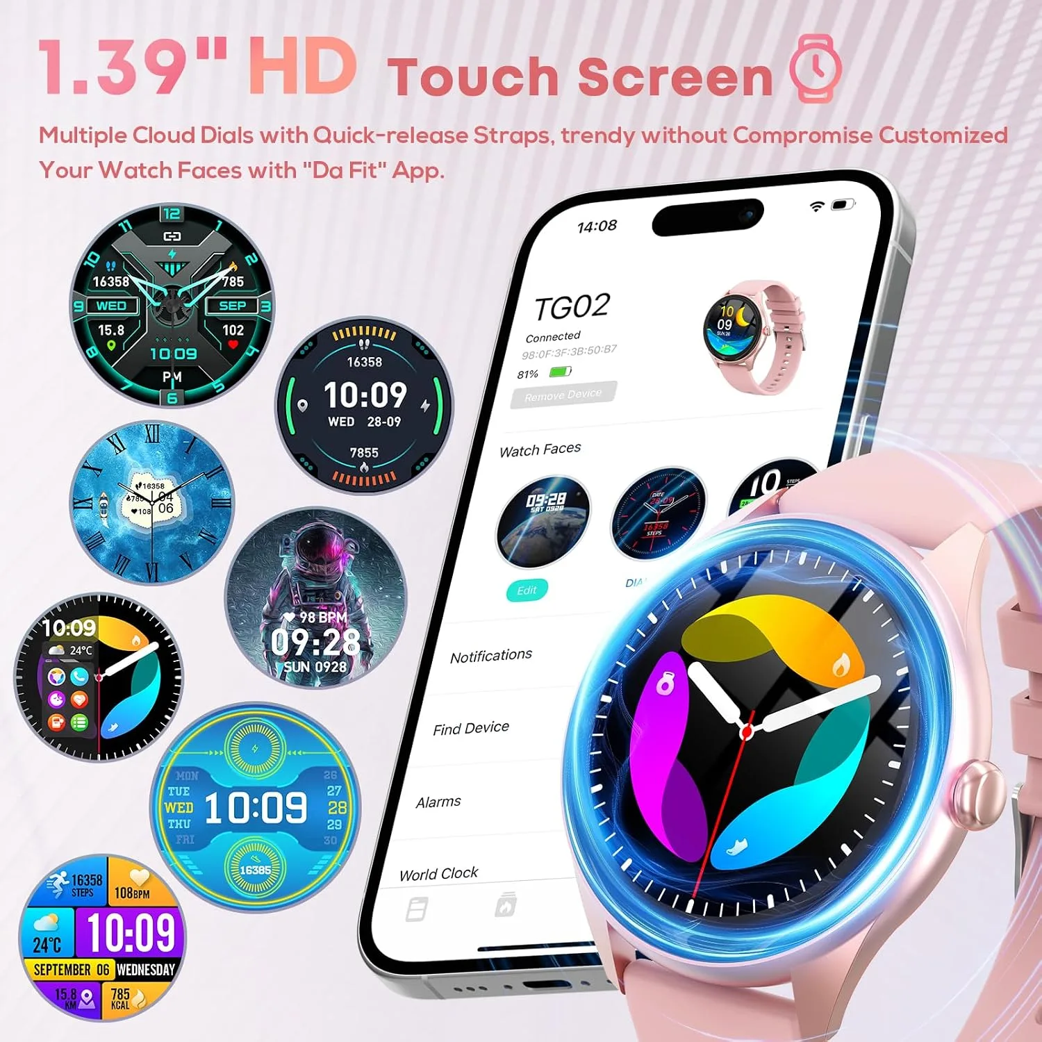 Smart Watch for Men, 1.39" HD Touchscreen Smartwatch with 120 Sports Modes,Heart Rate/Sleep Monitor, Music Control Fitness Watch for iPhone/Android (New Pink)