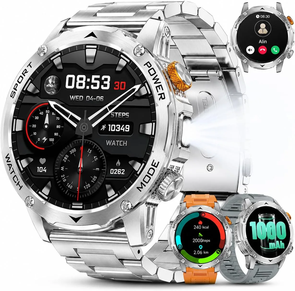 Smart Watch for Men with 1000mAh Battery/Flashlight, 1.75'' Military Smartwatch with 5ATM Waterproof/Heart Rate/Sleep Monitor,Answer Make Calls Fitness Tracker for Android iPhone Silver