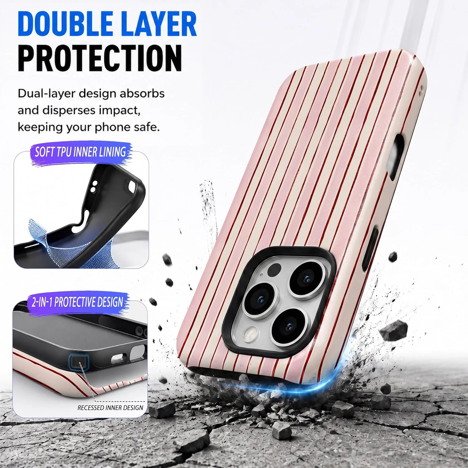 Magnetic for iPhone 16 Pro Phone Case, Cute Pink & White Striped