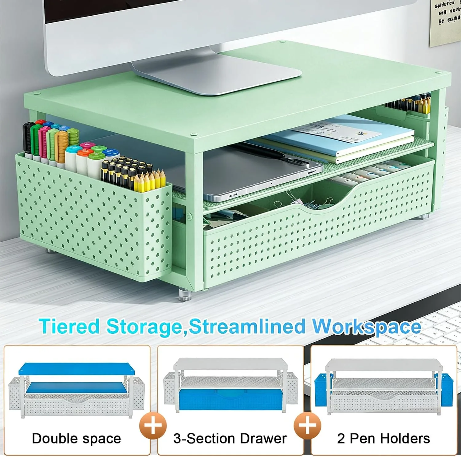 gianotter Monitor Stand with Drawer and 2 Pen Holders (Sage Green)