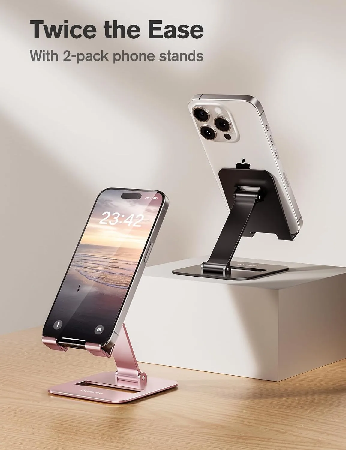 Nulaxy 2 Pcs Aluminum Dual Folding Cell Phone Stand for Desk Black&Rosegold