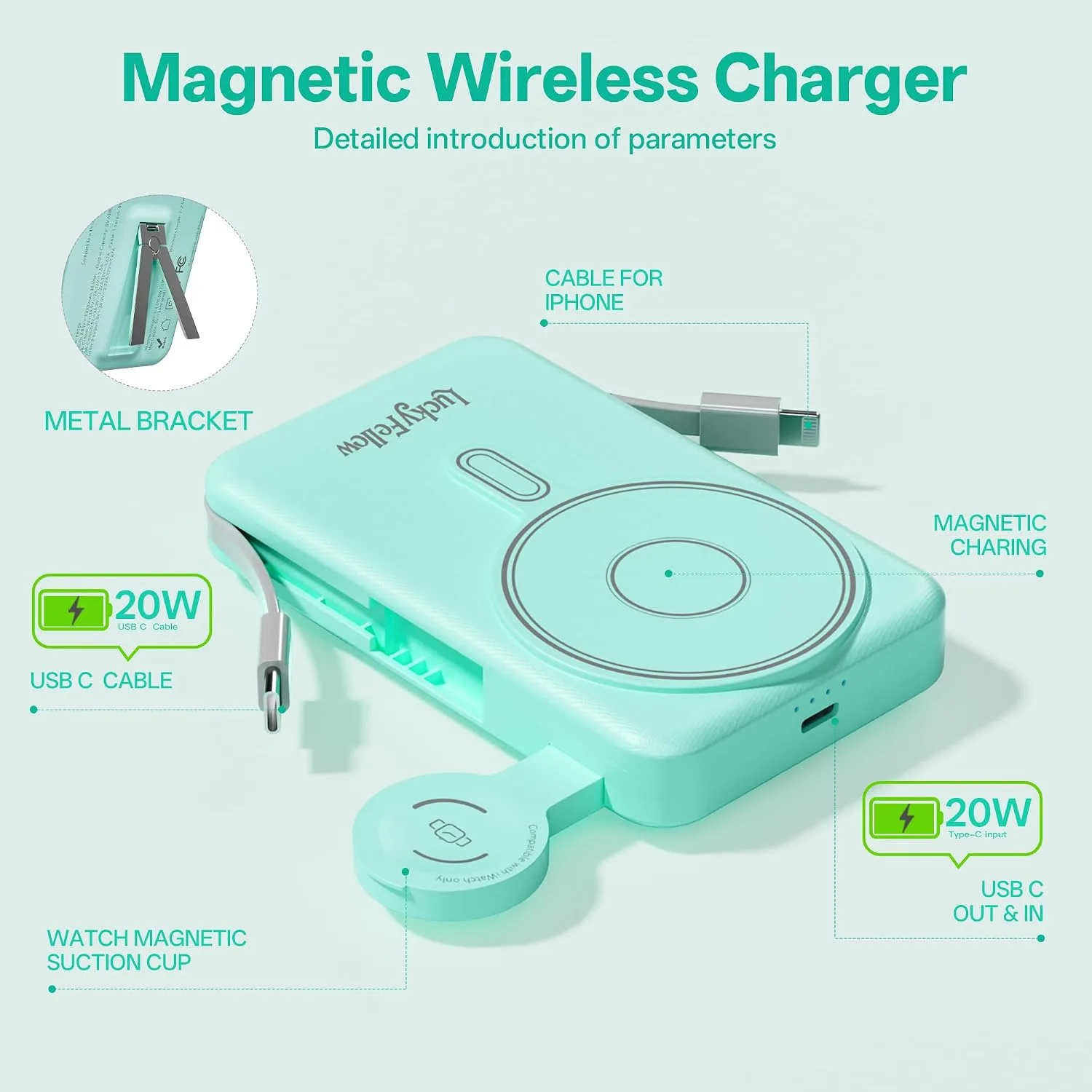 Magnetic Portable Charger Built-in Cables,10000mAh Fast Charging Wireless Charger Station External Battery Pack Slim Pocket Size Power Bank with Stand Compatible with iWatch, iPhone