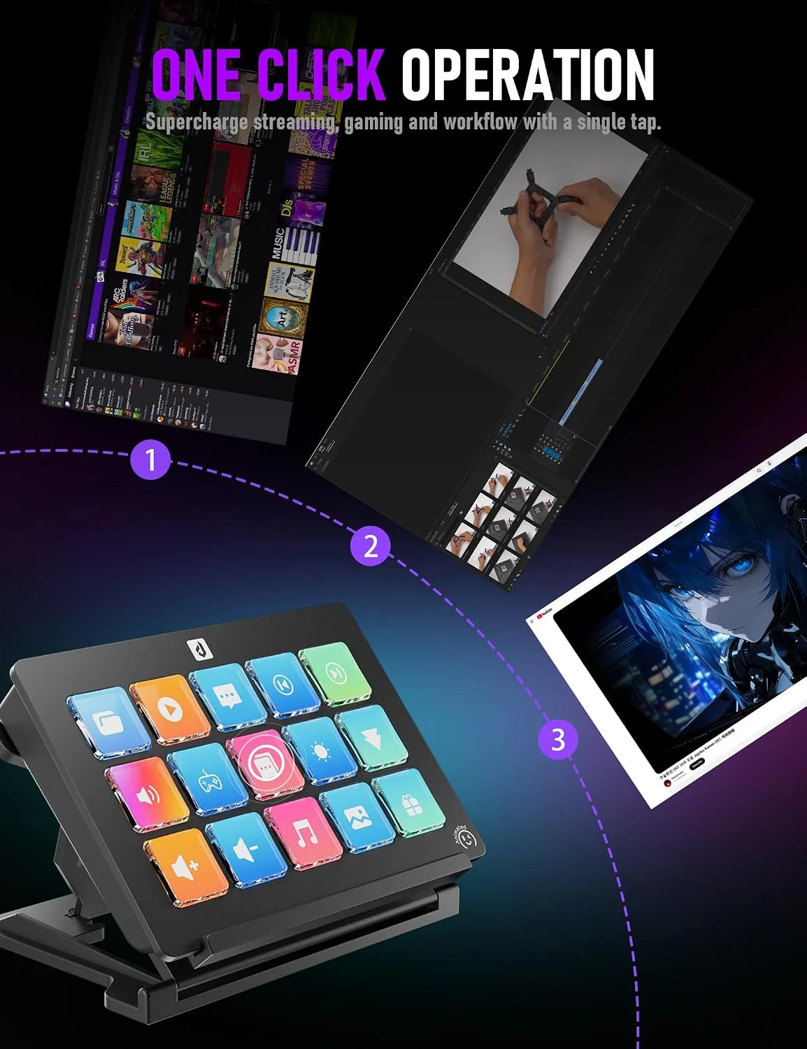 Stream Control Deck Macro Pad15 Keys Programmable Keypad RGB Macro Keyboard Stream Controller with 3-Step Adjustable Stand 500+Plugins&200+ Icons Wired Shortcut Keyboard for Streamers/Gamers/Designers