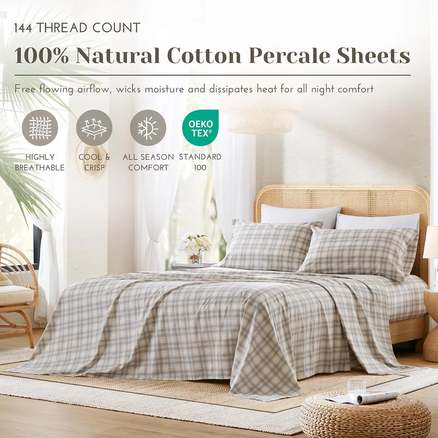 Comfort Spaces 100% Cotton Percale Sheets Twin Size 3 Piece, Wesley Taupe