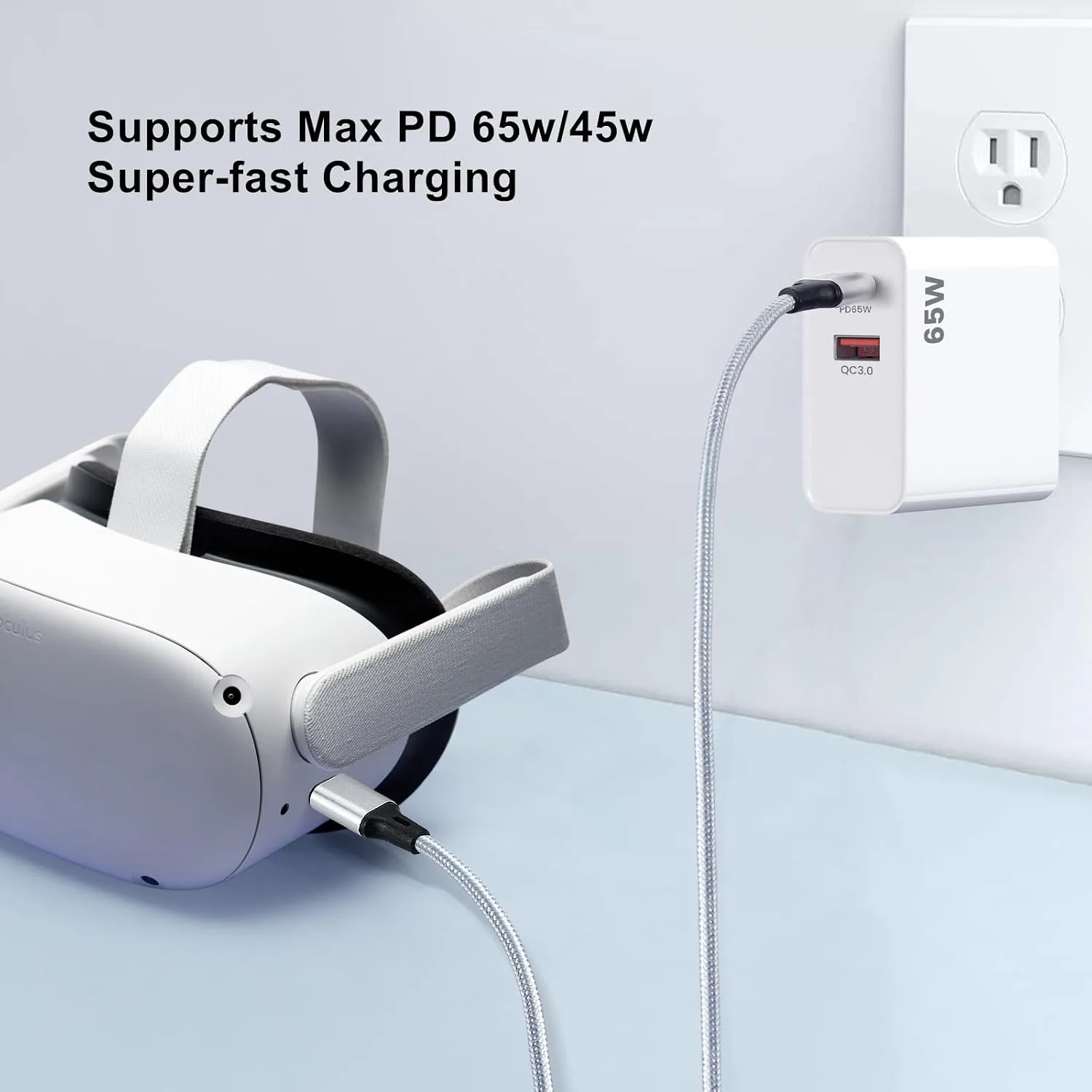 PD65W USB C Super Fast Charger for Meta Quest 3s & 3 & 2 VR Headsets, White
