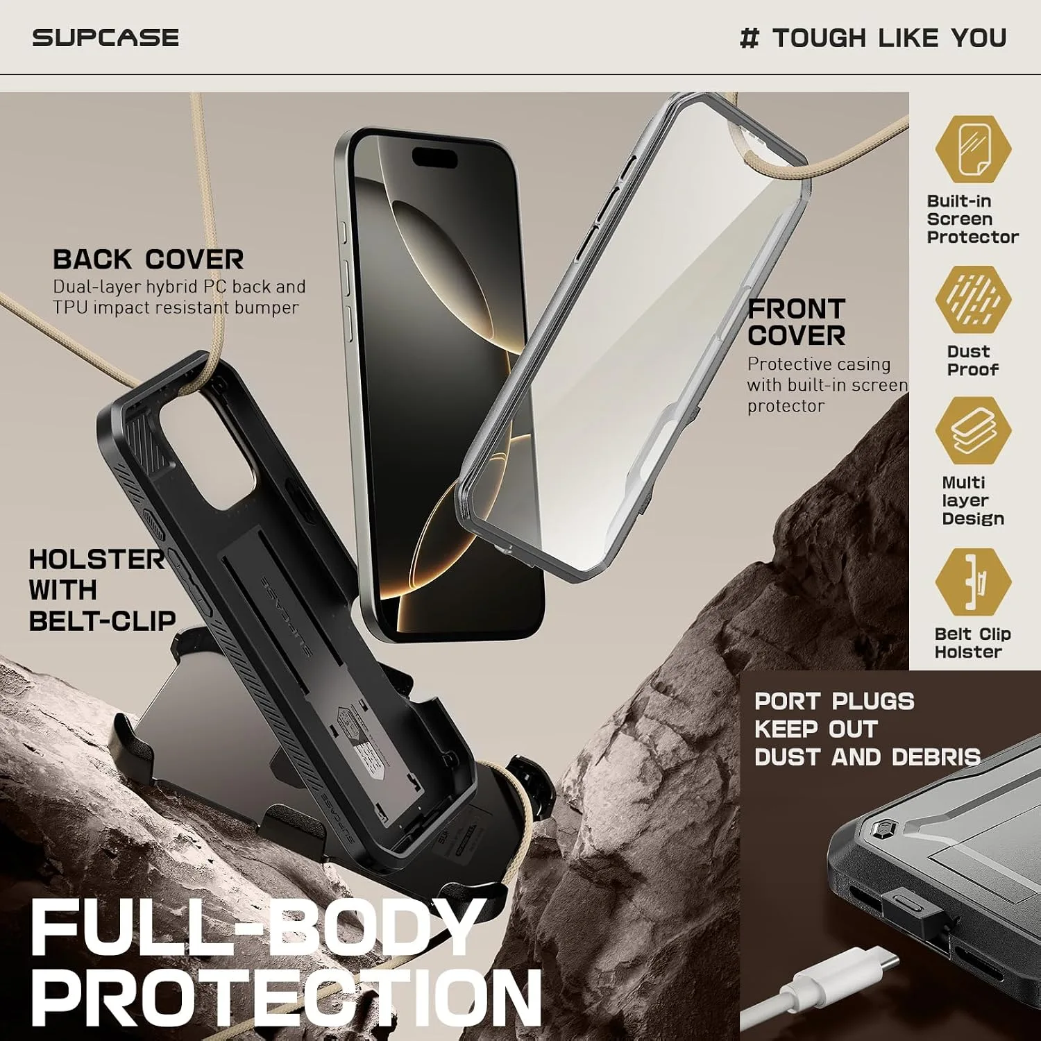 SUPCASE for iPhone 16 Pro Max Case with Screen Protector & Stand, Tigray