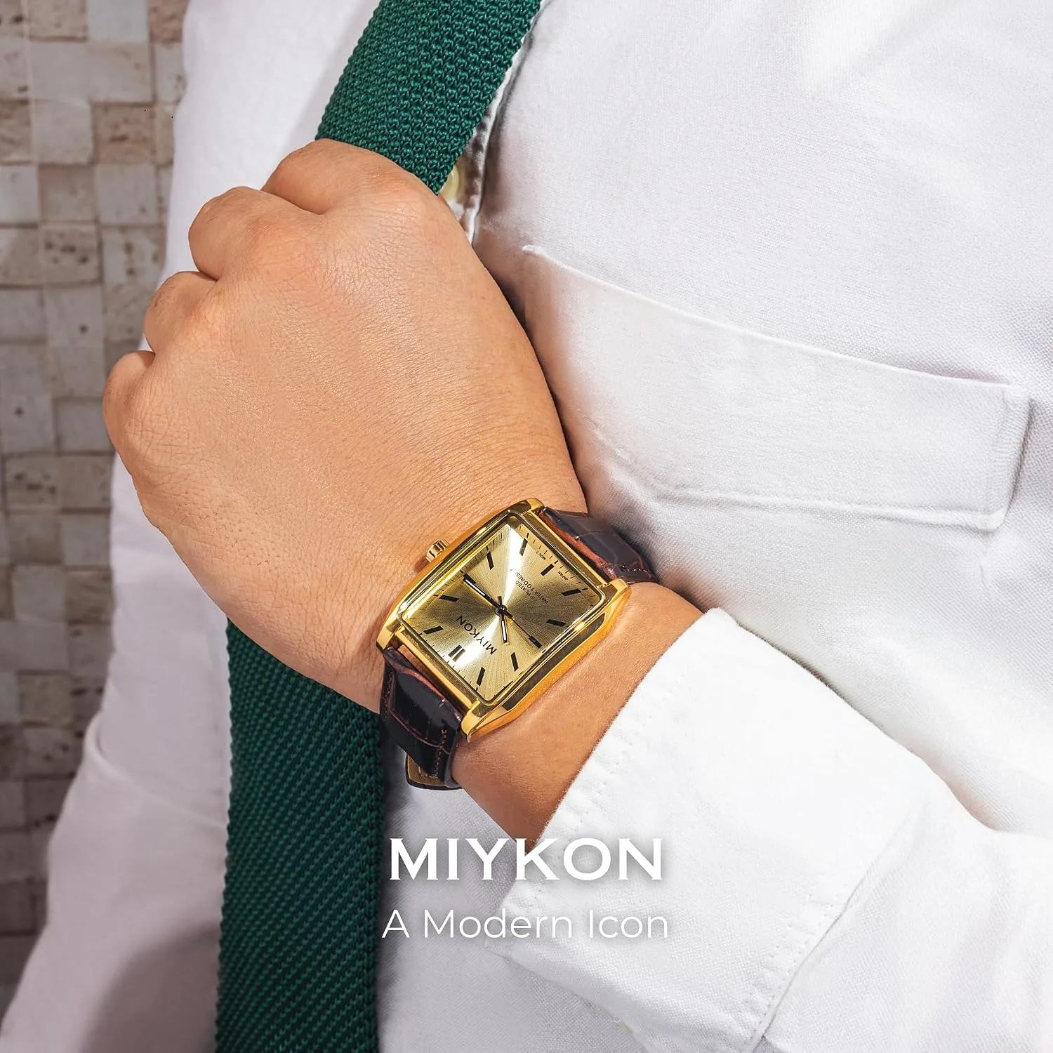 Miykon Men Vintage Tank Dress Watch, Genuine Leather Strap, Water Resistant