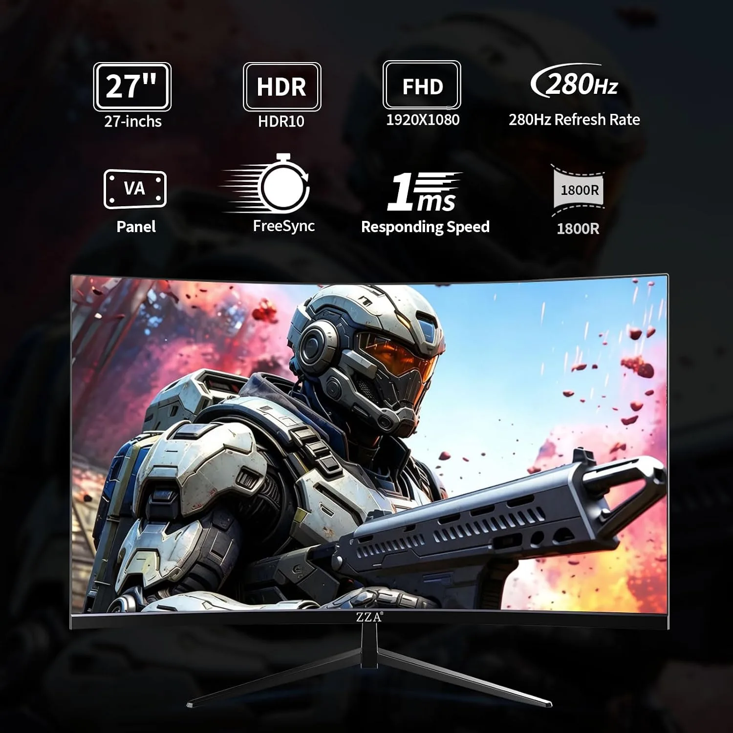 ZZA 27 Inch Curved Gaming Monitor 280Hz, FHD 1080P PC Monitor, 1ms Gamer Screen, AMD FreeSync Premium, 100% sRGB, VESA Mountable, Eye Care Computer Monitor for Gaming Home Office