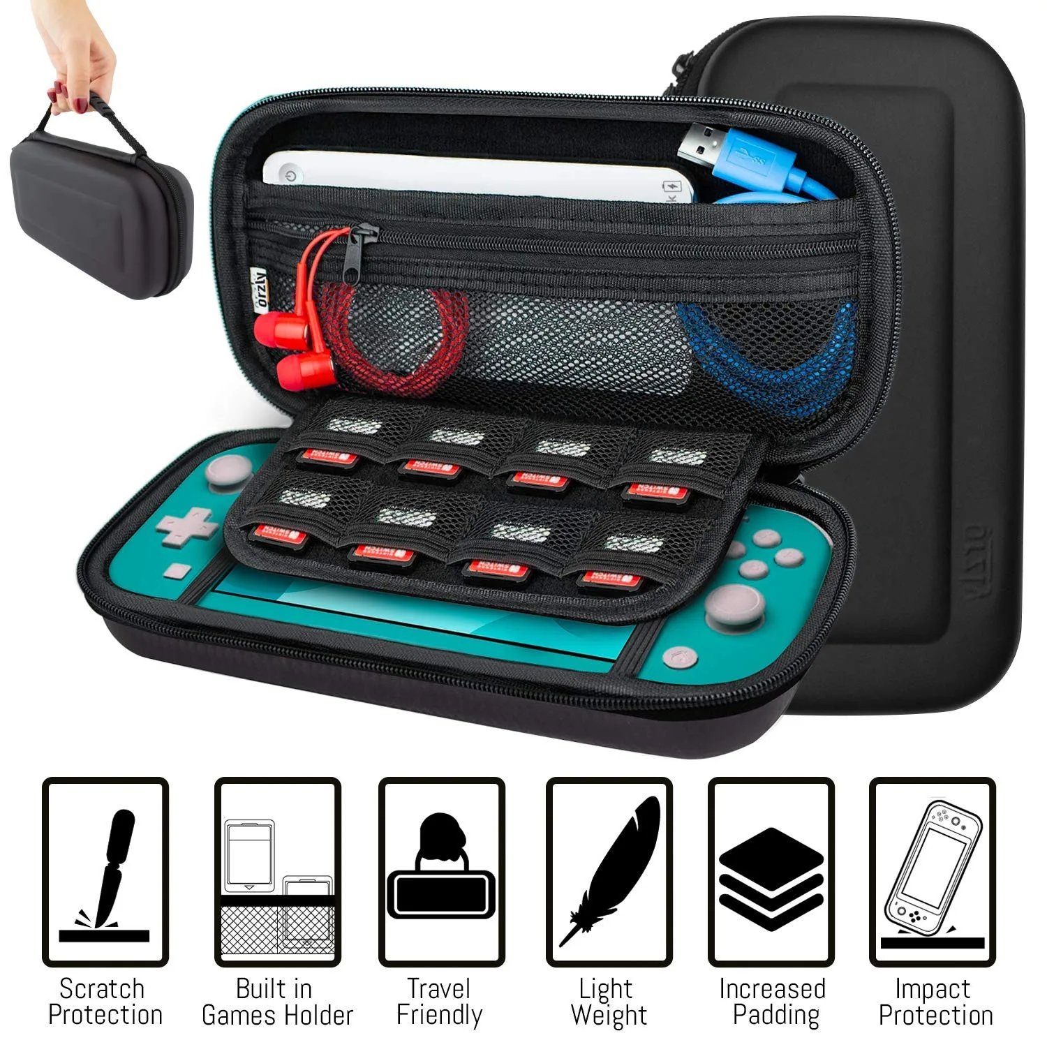 Orzly Switch Lite Accessories Bundle - Case & Screen Protector for Nintendo Switch Lite Console, USB Cable, Games Holder, Comfort Grip Case, Headphones, Thumb-Grip Pack & More (Orzly Gift Pack)