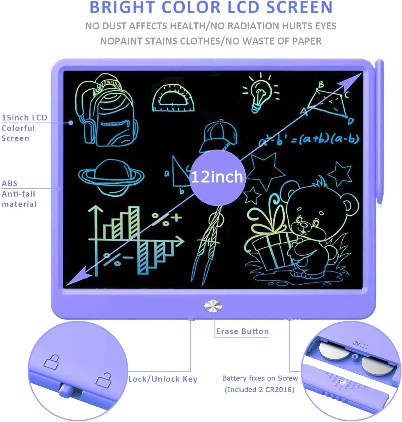 FLUESTON LCD Writing Tablet, Doodle Board Toys Gifts for 3-8 Year Old Girls Boys, 12 Inch Colorful Electronic Board Drawing Pad for Kids, Christmas Gifts for Toddler Educational Learning Travel,Purple
