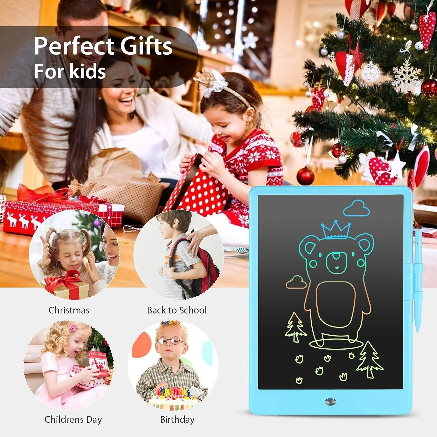 LCD Writing Tablet with Bag for Kids, 10 Colorful Screen Drawing Board Doodle Pad Learning Educational Toy - Gift for 3-6 Years Old Boy Girl (Blue)