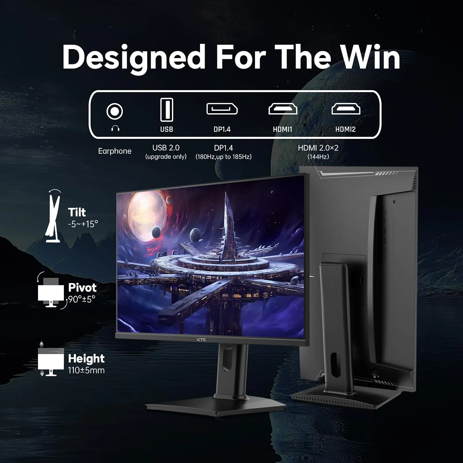 KTC 24 inch QHD 180Hz Gaming Monitor, Fast IPS 1440p, H24T7