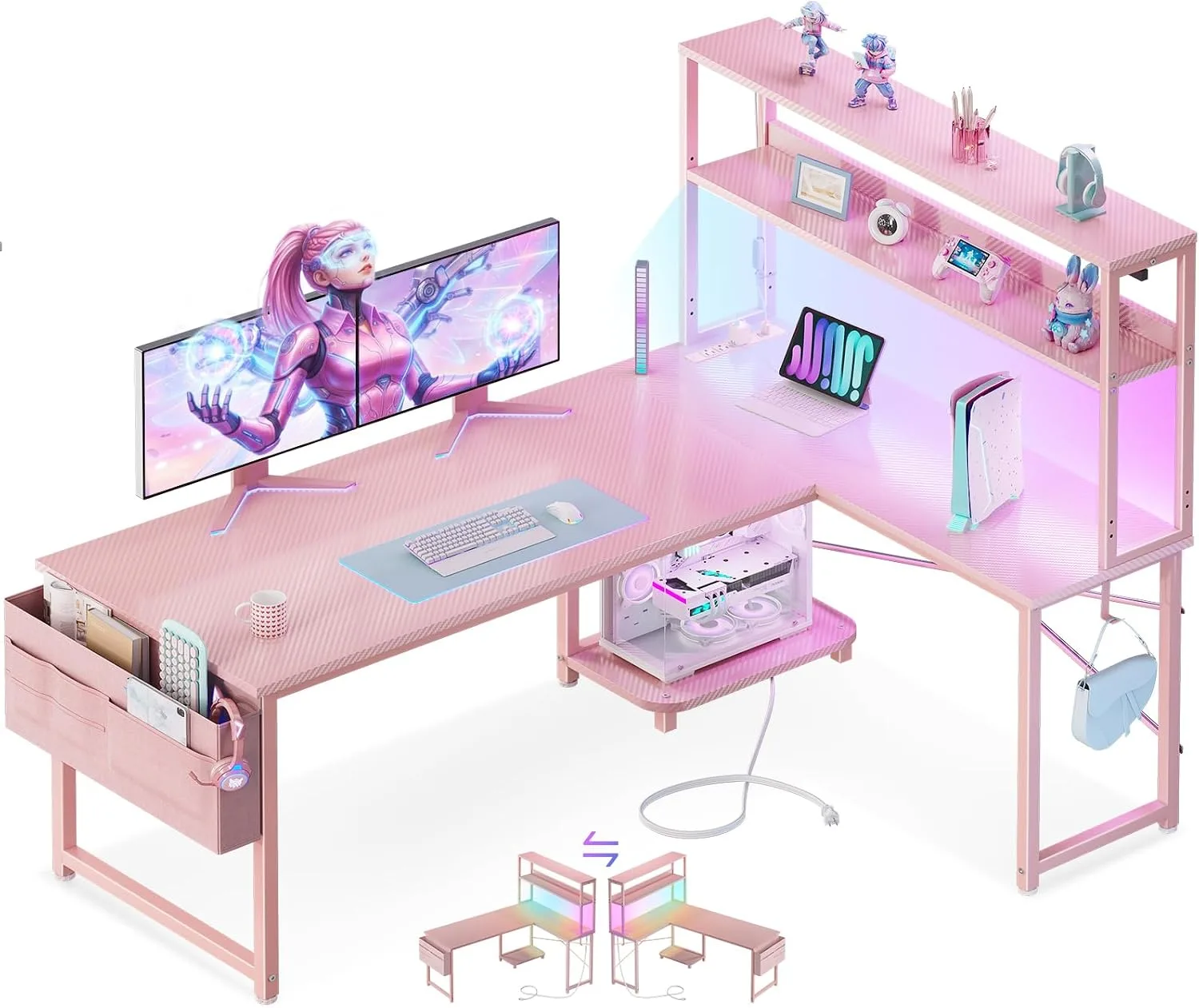 ODK 53" L Shaped Gaming Desk with Shelves, LED & Outlets, Pink