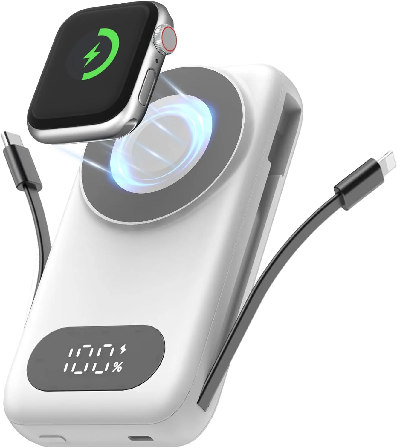 Batería externa Shenmz Magnetic 26800mAh con cables integrados y carga inalámbrica para iPhone y Apple Watch Blanco