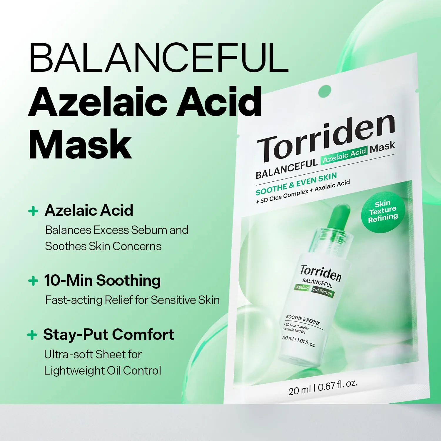 Torriden BALANCEFUL Azelaic Acid Mask (10 Sheets) | Potent Soothing with 5D Cica & Glutathione for Redness, Excess Oil | Non-Greasy, 10-Min Quick Care | Korean Skincare | Facial Mask