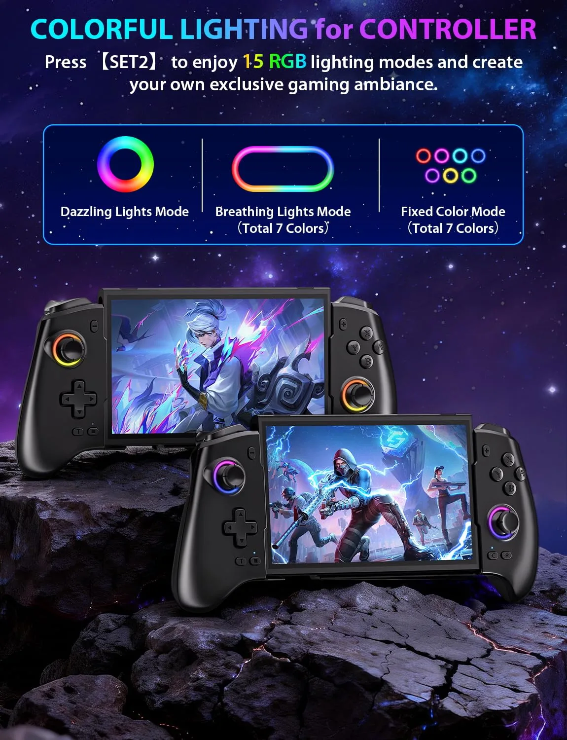 Wireless Switch Controller for Nintendo Switch, Switch OLED, Switch 2 Console, Rechargeable Pro Controller with LED Lighting, Turbo, Motion Control, Stretchable Switch Handheld Joypad, Ergonomic Grip