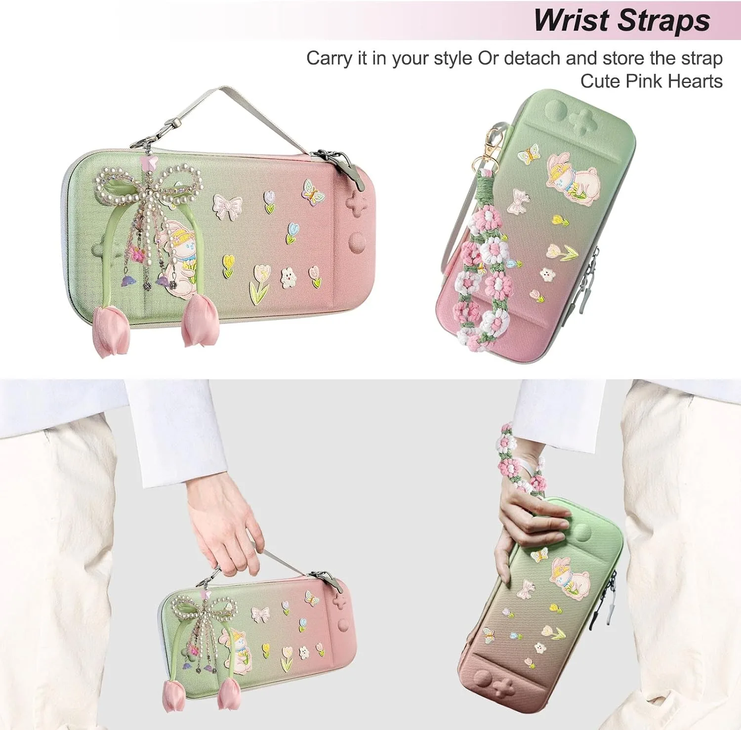 Cute Travel Carrying Case for Switch 2 2025 with Silicone j-con Covers, Thumb Grip Caps, Screen Protector, Flower Strap, Charms and Embroidery stickers for Girls Women, Pink Green