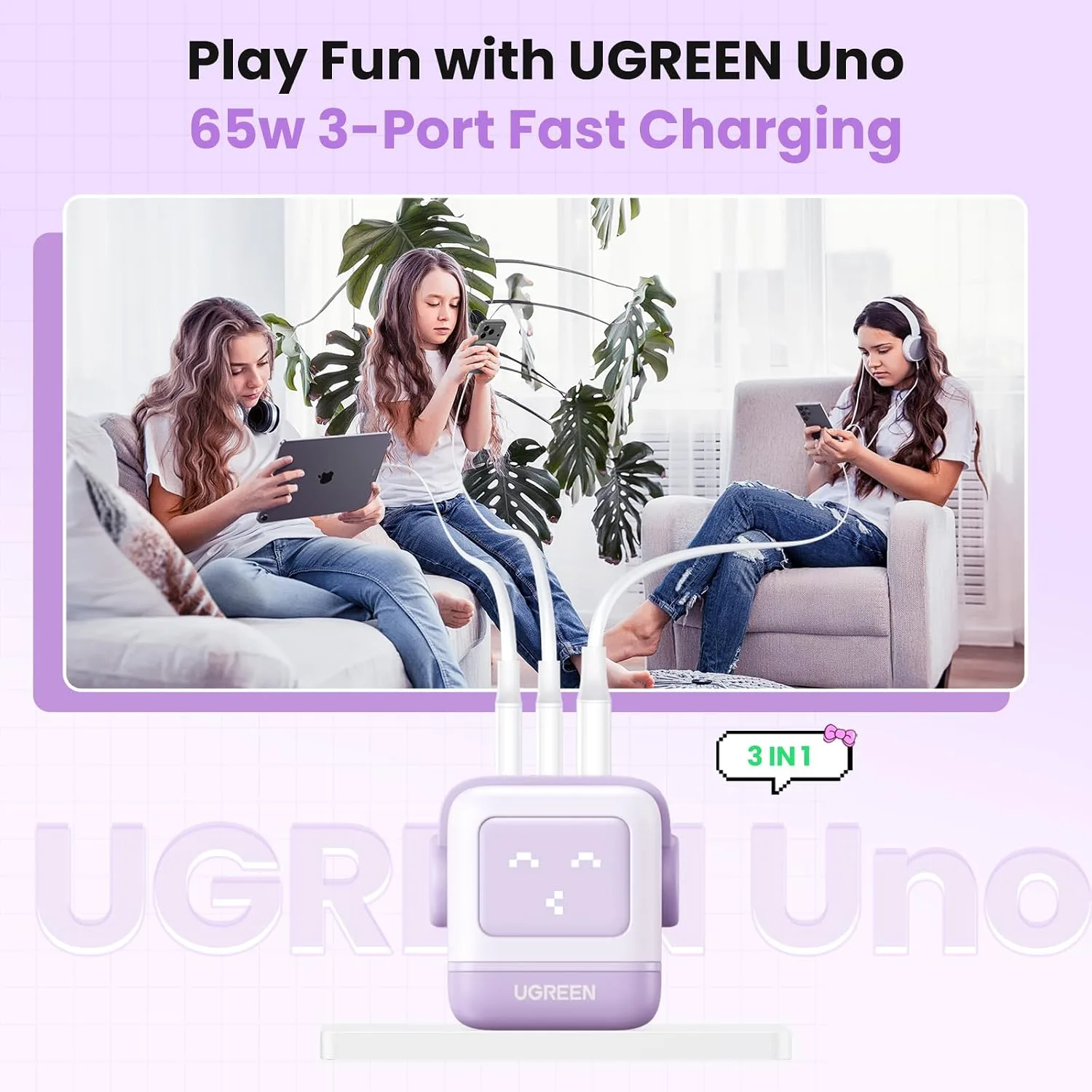 UGREEN Uno 65W 3-Port USB C Charger, GaN Fast Charging Block, Purple