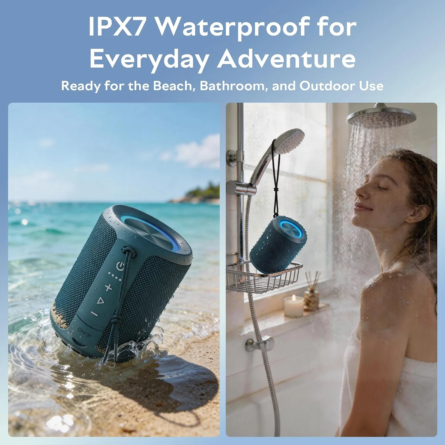 Portable Bluetooth Speaker, IPX7 Waterproof Wireless Speaker with 20W Loud Stereo Sound, 15H Playtime & Beat-Synced RGB Light, Small Outdoor Speaker for Shower, Pool, Beach,Hiking,Gifts(Blue)