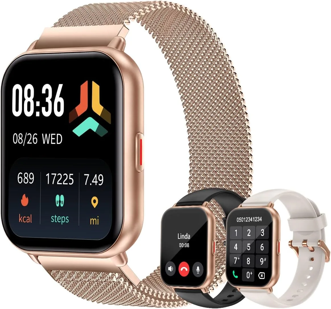 Smart Watch for Men Women with Call Function, Sport & Metal Bands Gold