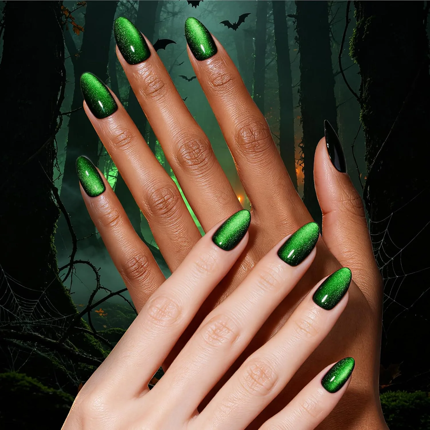 Beetles Halloween Press On Nails, Green Cat Eye Short Almond, 32 Pieces