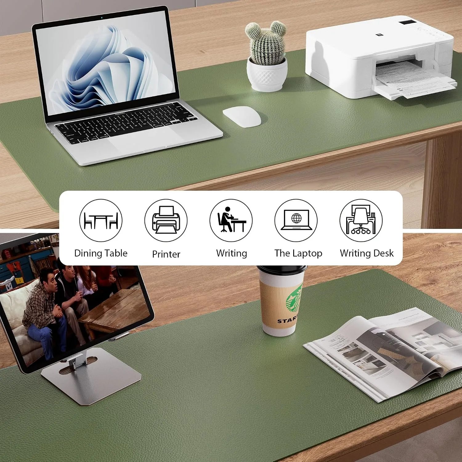 Aothia Desk Protector Mat, Mouse Pad, Non-Slip Waterproof PU Leather Desk Blotter, Laptop, Writing for Office and Home (23.6" x 13.7", Olive Green)