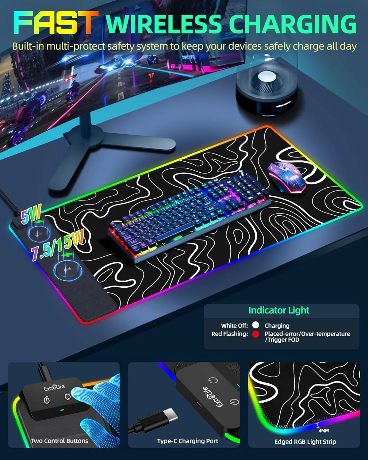Wireless Charging Mouse Pad, RGB Gaming Mousepad, 31.5"x15.7" in
