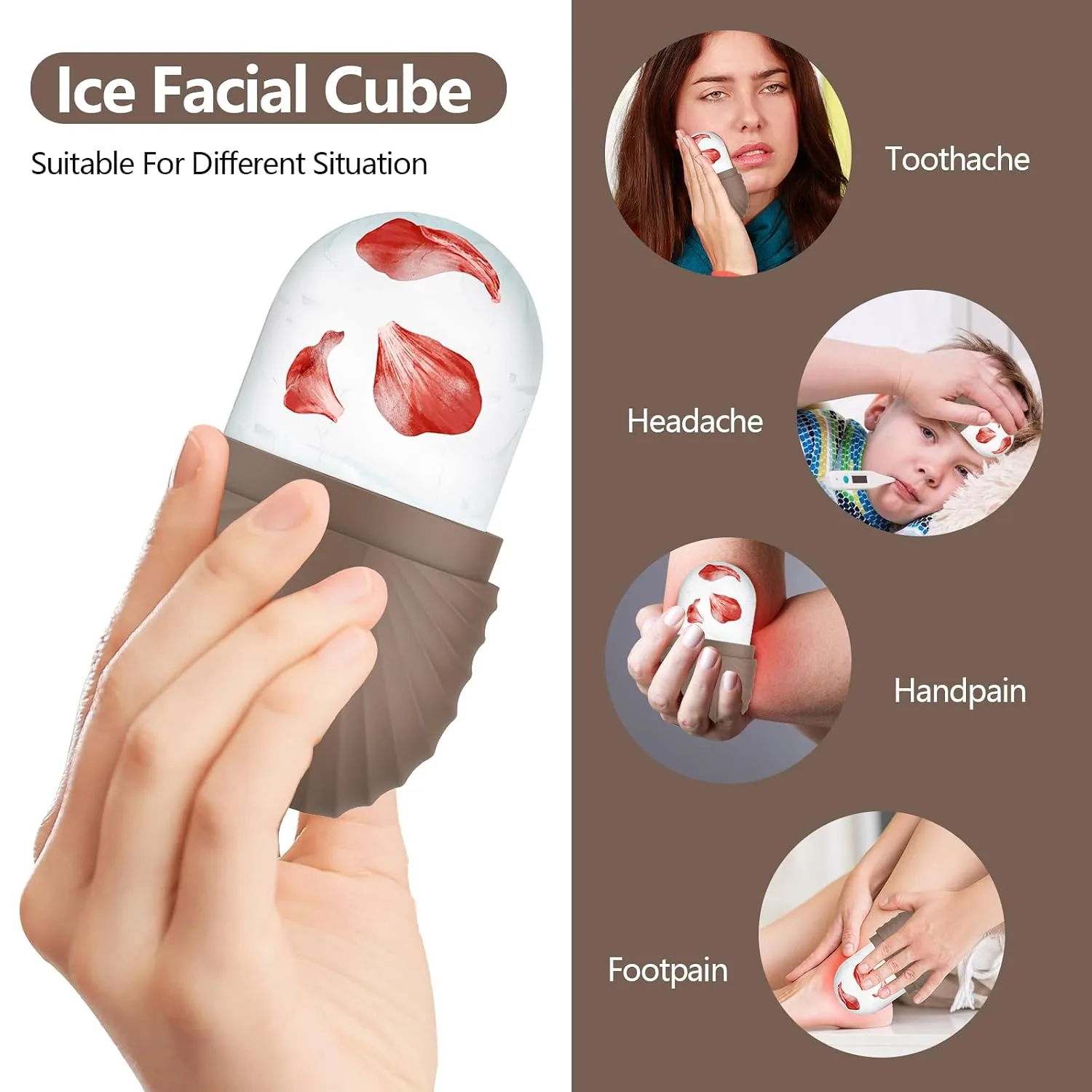 Ice Roller for Face and Eye, Silicone Ice Facial Roller Ice Holder, Face Ice Mold Skin Care, Face Icers Reusable Ice Cube Roller for Shrink Pores Anti Wrinkle Reduce Puffiness, Brown