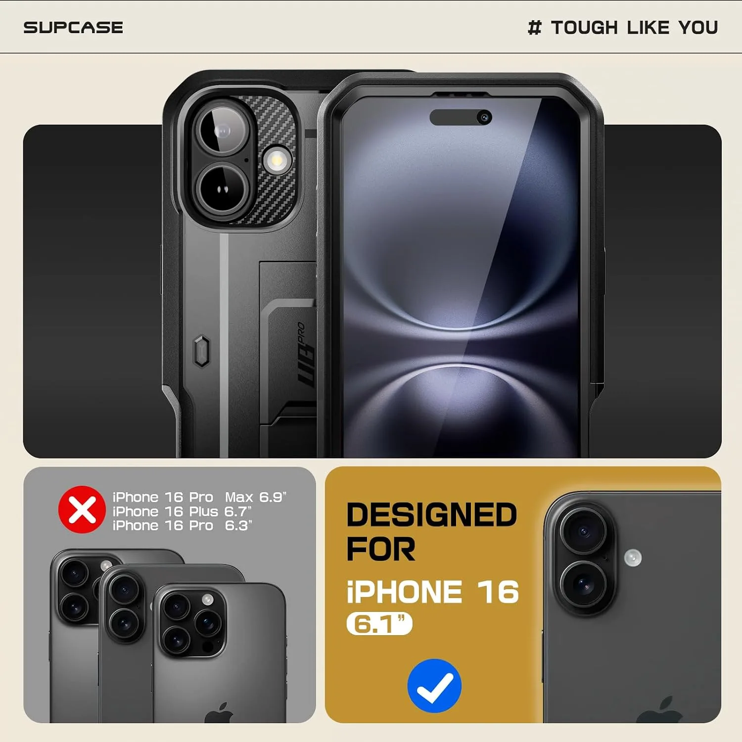 SUPCASE for iPhone 16 Case with Screen Protector & Kickstand, Black
